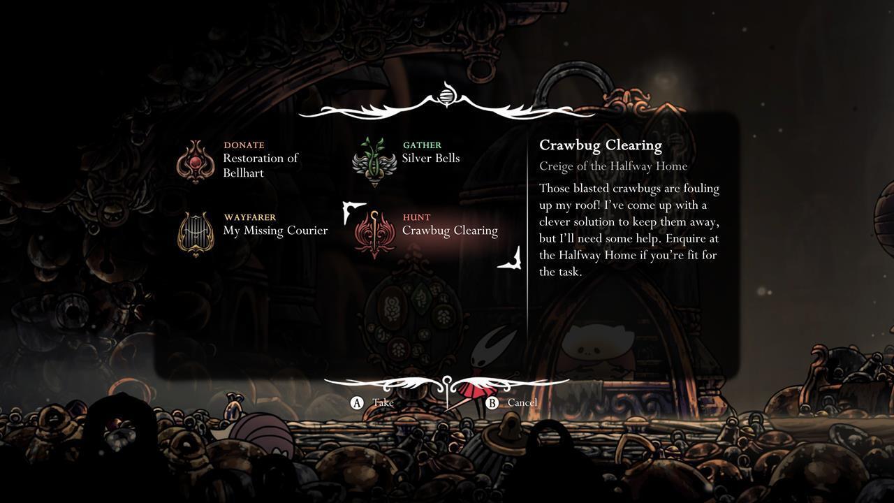 Hornet views a Wishboard in Silksong with available quests.