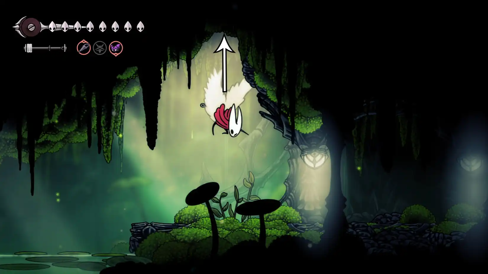 Hornet jumping into a secret ceiling passage in Weavenest Atla.