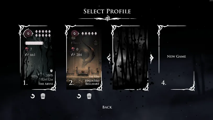 The main menu with a Silksong save file surrounded by black tendrils, indicating Act 3 readiness.