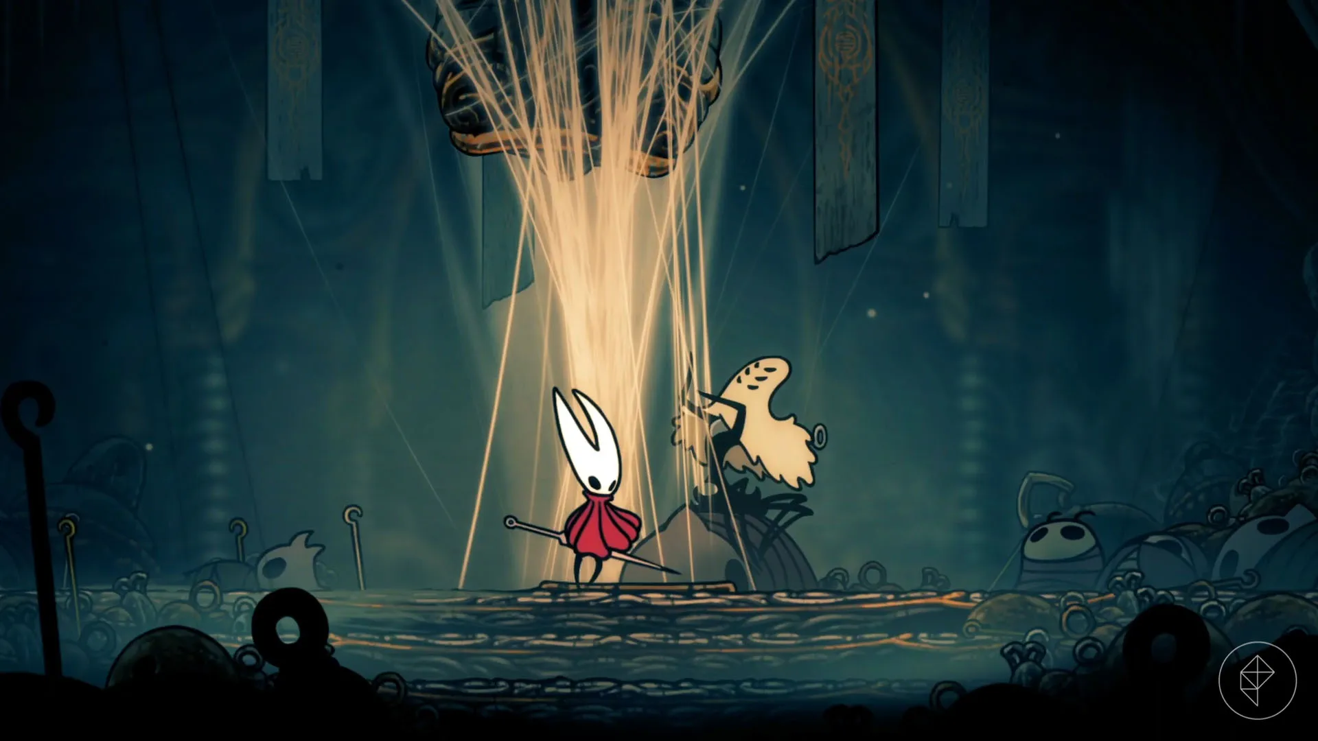 Hornet standing next to Widow, a spider boss, in Hollow Knight: Silksong.