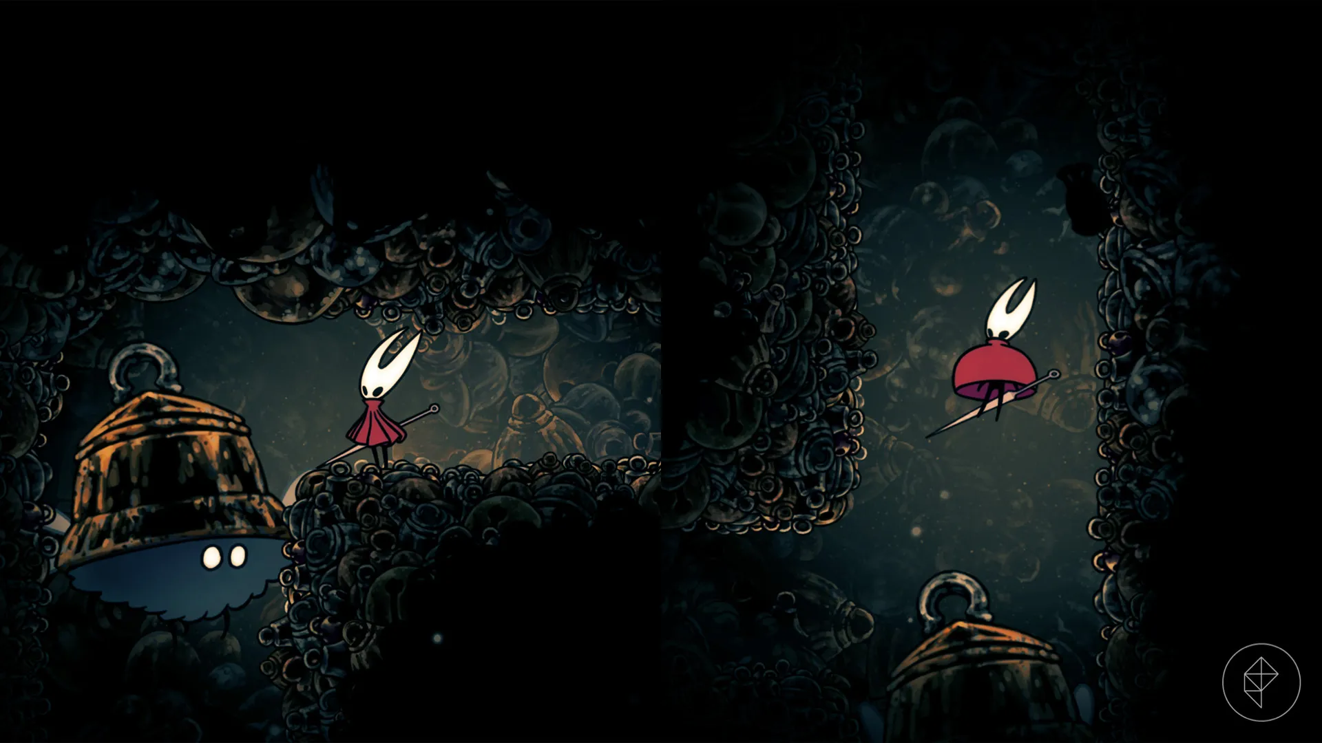 Hornet looking at a flying furball with a bell as a hat and gliding above it.