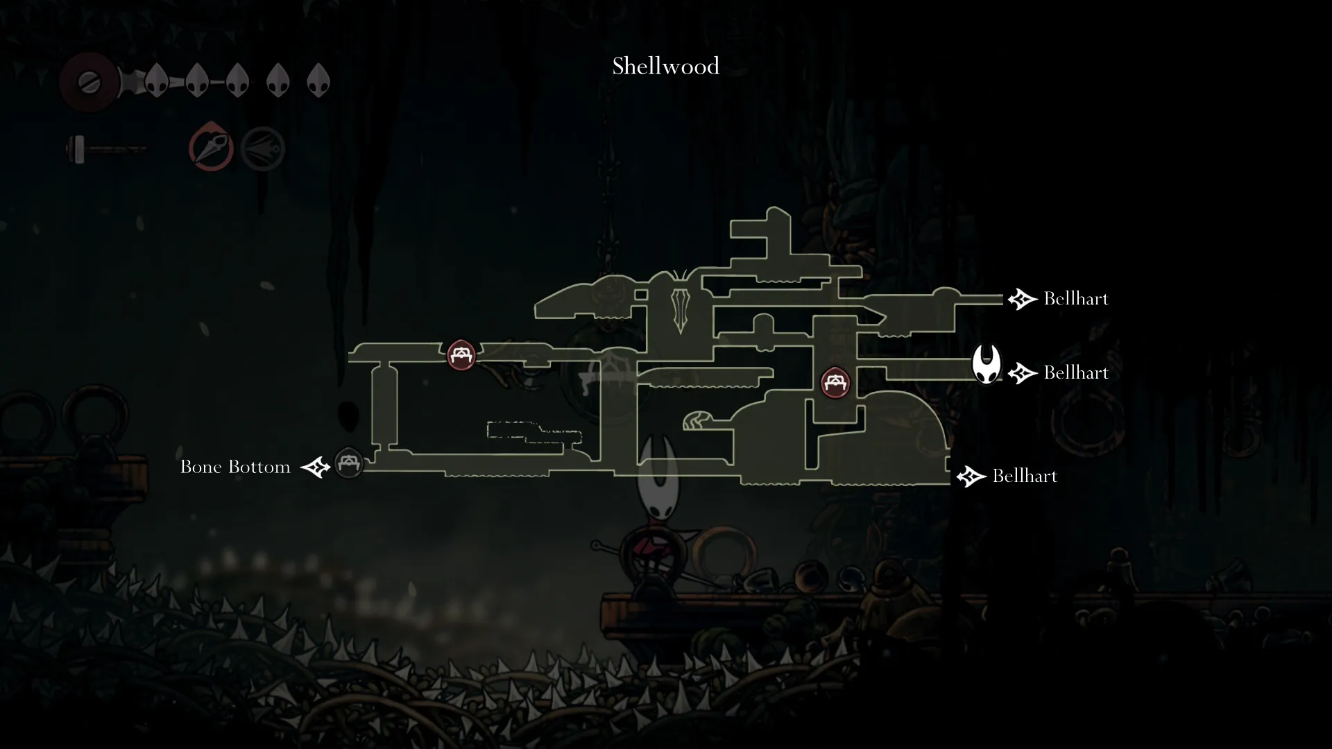 A map showing the entrance to Bellhart from the Shellwood bench in Silksong