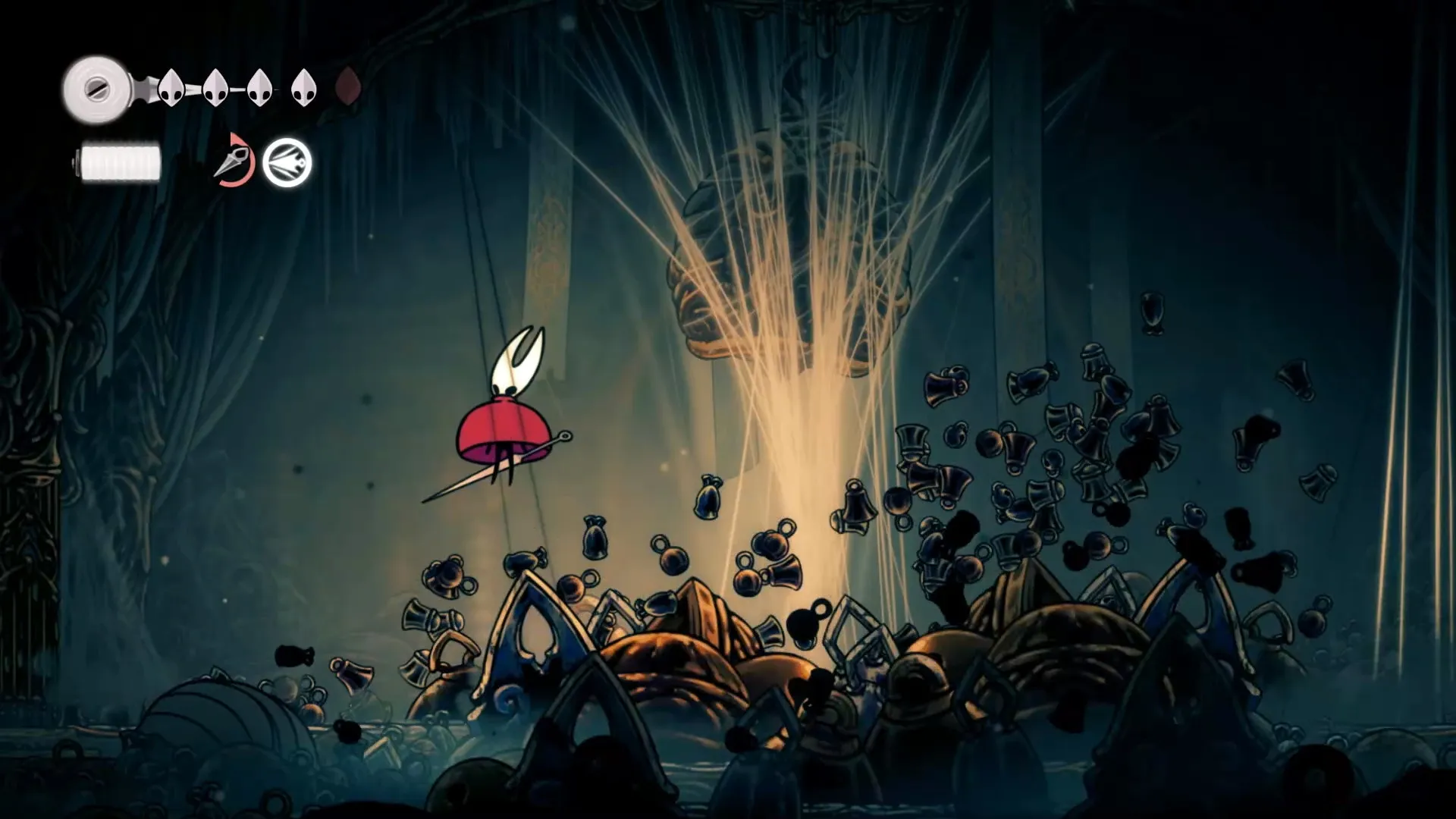 Hornet dodging a giant spiked bell in Silksong