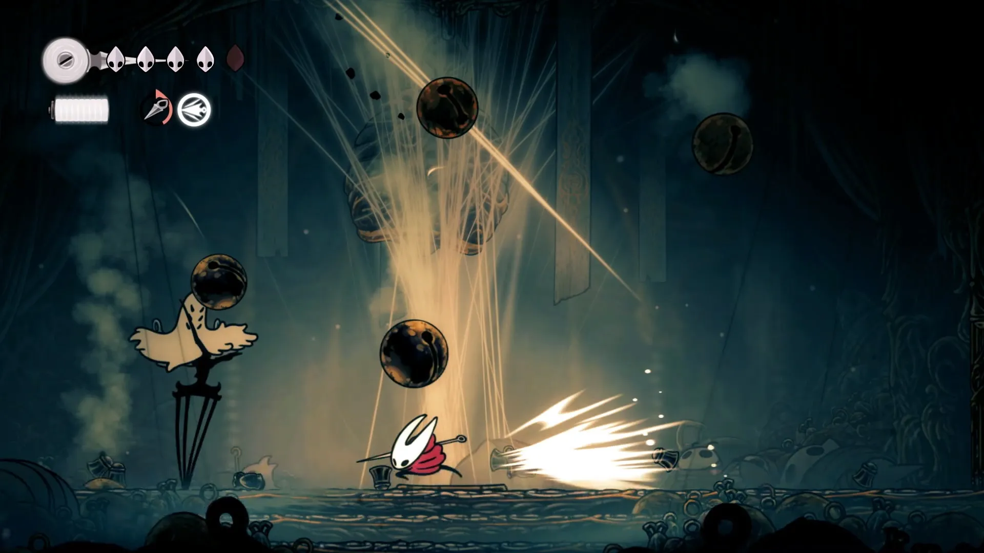 Hornet evading falling bells in Widow's second phase in Silksong