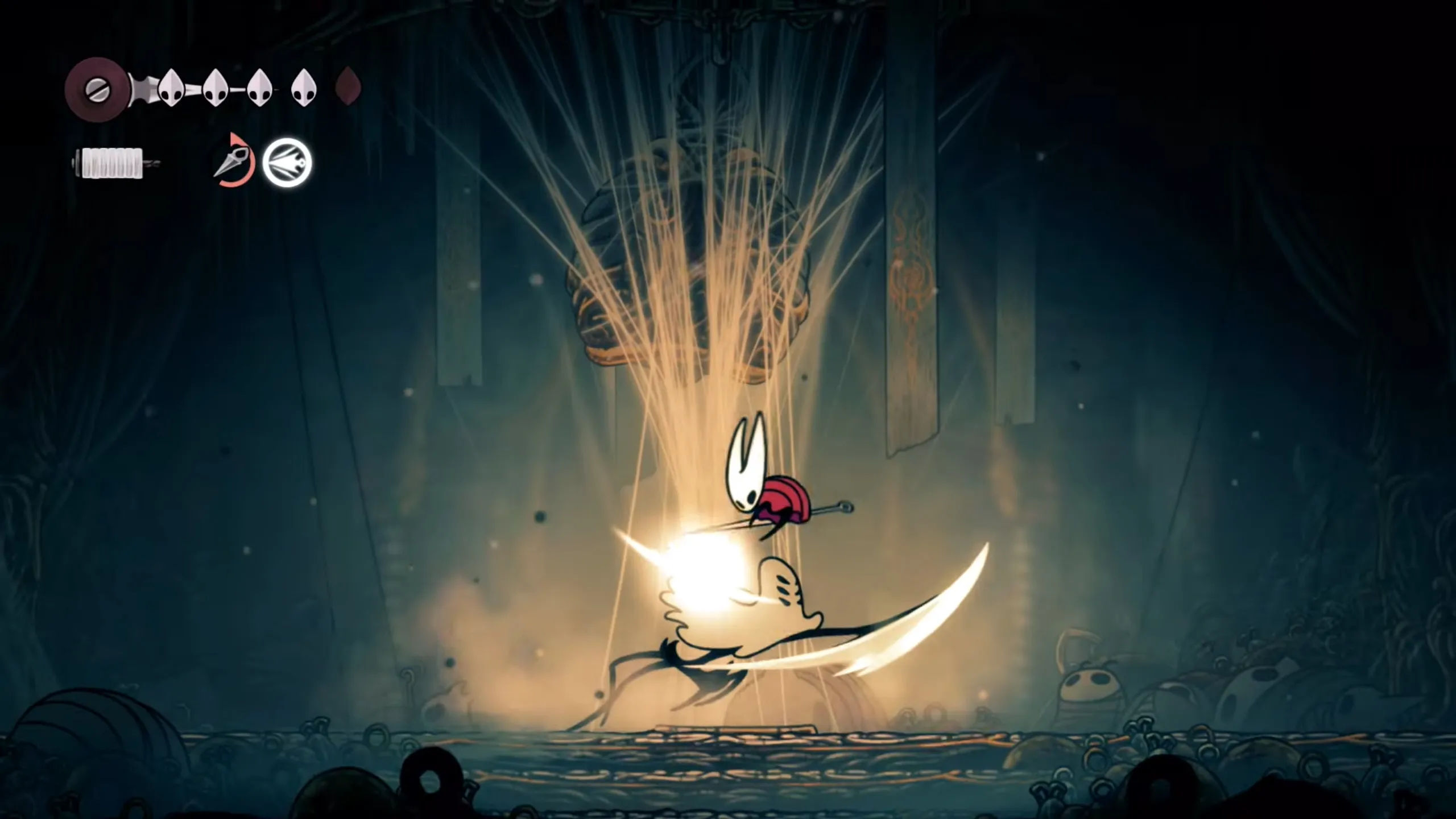 Hornet parrying a blade attack from Widow in Silksong