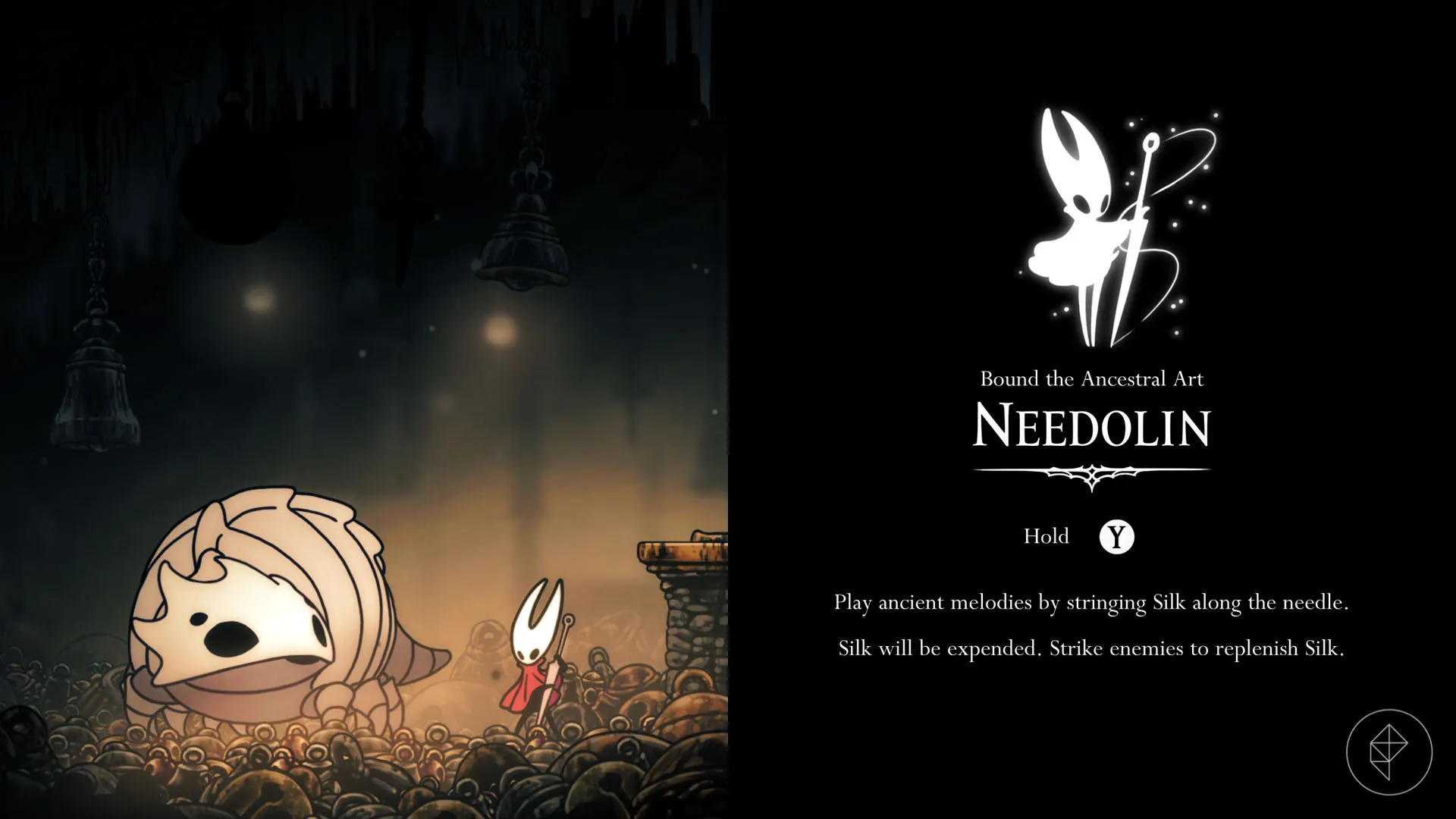 Hornet playing her Needolin next to the Bell Beast in Hollow Knight: Silksong