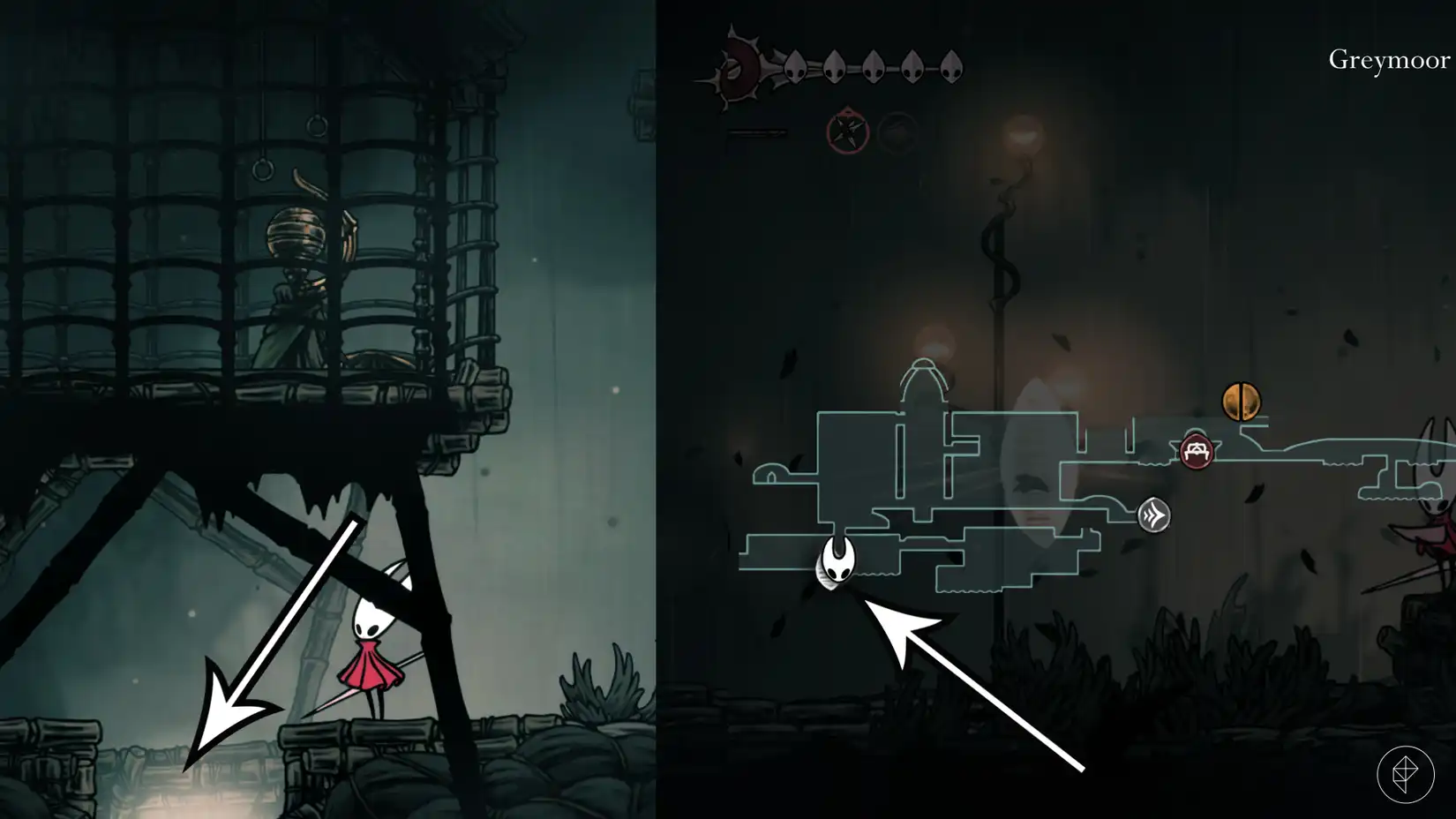 Map showing the Moorwing boss location in the Greymoor region of Hollow Knight: Silksong.