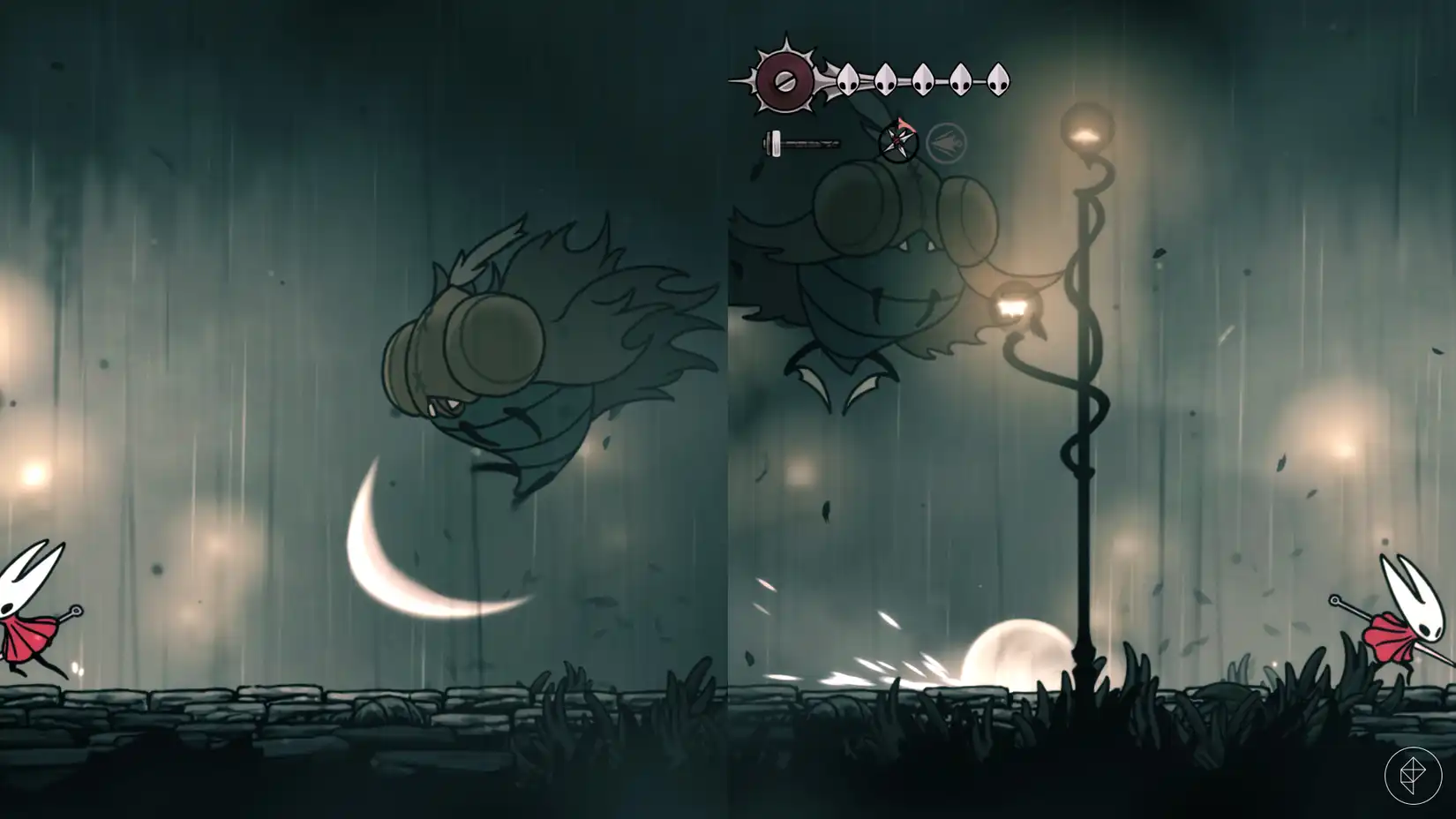 Hornet engaged in battle with the winged Moorwing boss in Hollow Knight: Silksong's arena.