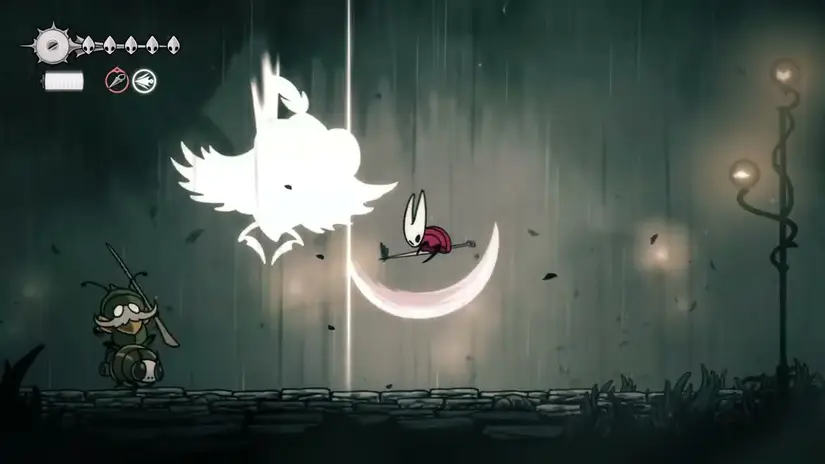 Hornet, Garmond, and Zaza fighting the Moorwing boss in Hollow Knight: Silksong.