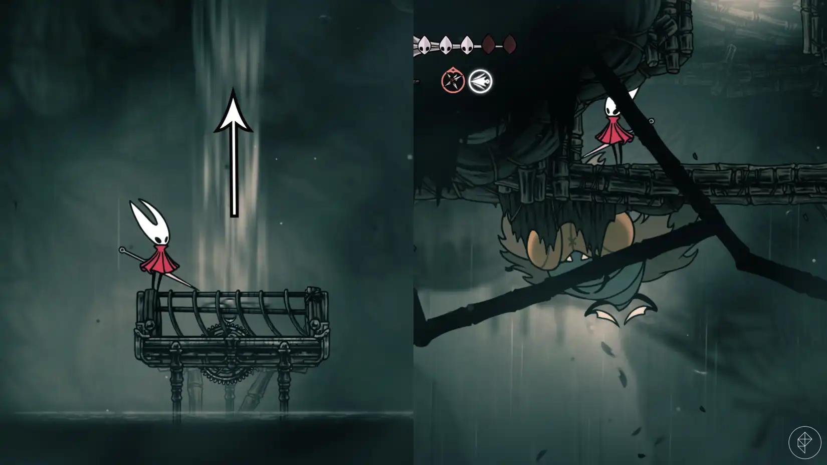 Hornet using an exploit to safely defeat the Moorwing boss in Hollow Knight: Silksong's cheese strategy.
