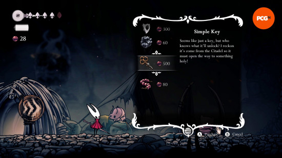 Hornet purchases a Silksong Simple Key from Pebb, the merchant in Bone Bottom.