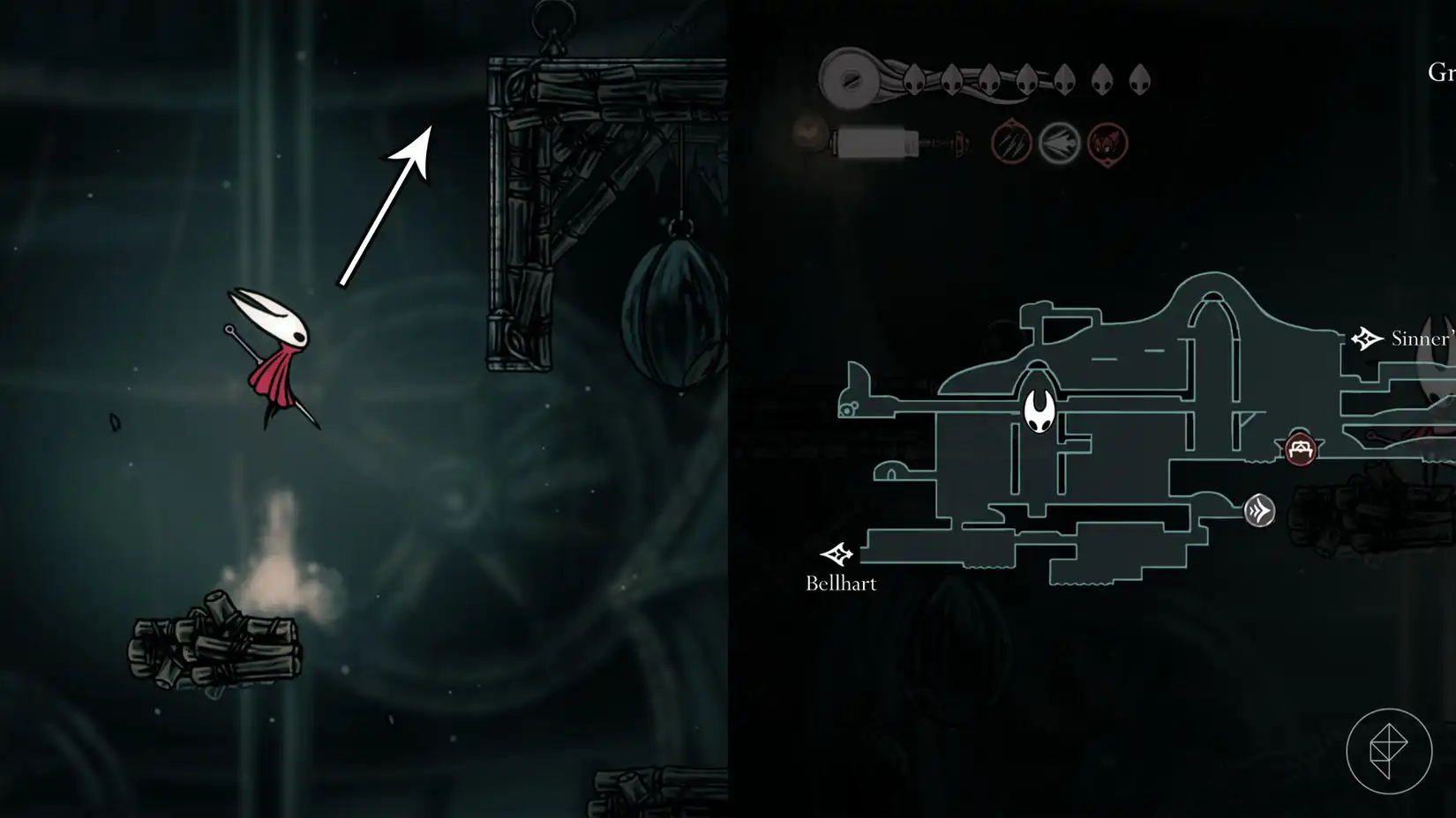 Hornet jumping towards a wall in Greymoor in Hollow Knight: Silksong, indicating the path to Sinner's Road.