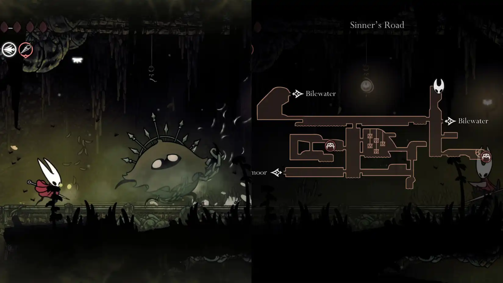 Hornet fighting a Roachkeeper in Sinner's Road in Hollow Knight: Silksong, where the second Simple Key is found.