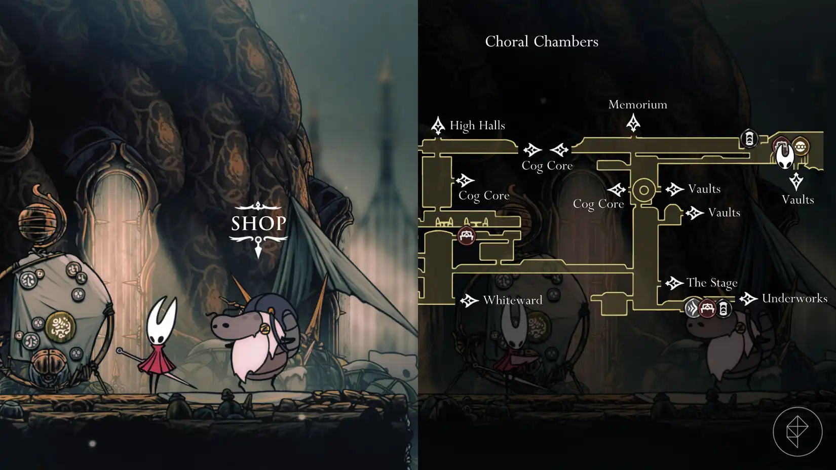 Hornet standing next to Jubilana, a shopkeeper in Songclave, in Hollow Knight: Silksong.