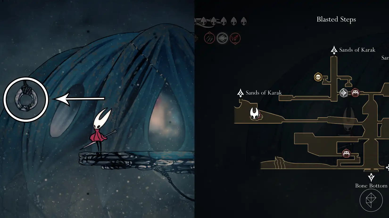 Hornet standing outside of Pinstress's home in the Blasted Steps, indicating the entrance to the Sands of Karak in Hollow Knight: Silksong.