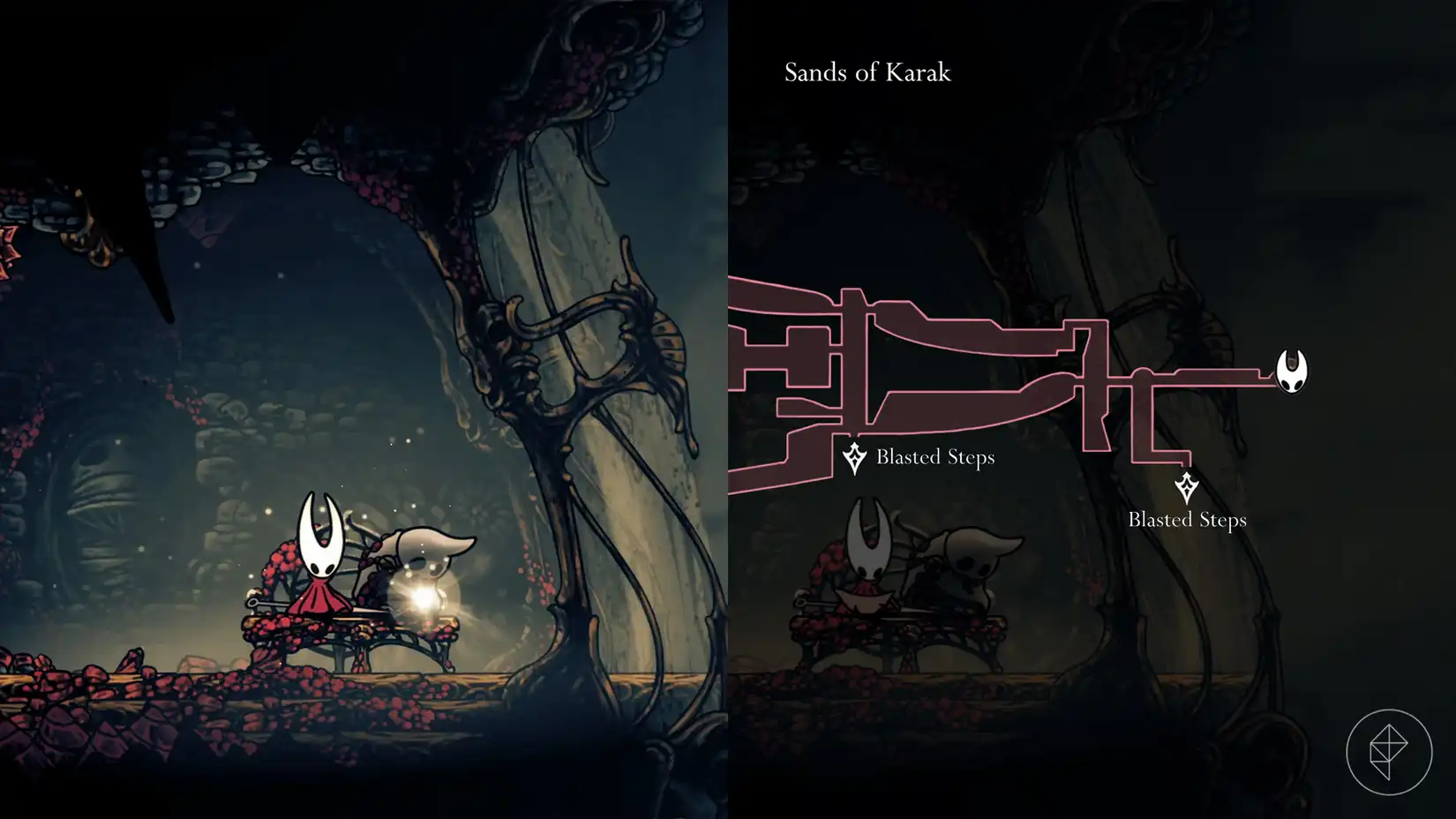 Hornet sitting on a bench with a Simple Key on the corpse nearby in the Sands of Karak region of Hollow Knight: Silksong.
