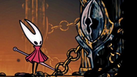 Hornet stands by one of the many locked doors in Pharloom that require a Simple Key in Hollow Knight: Silksong.