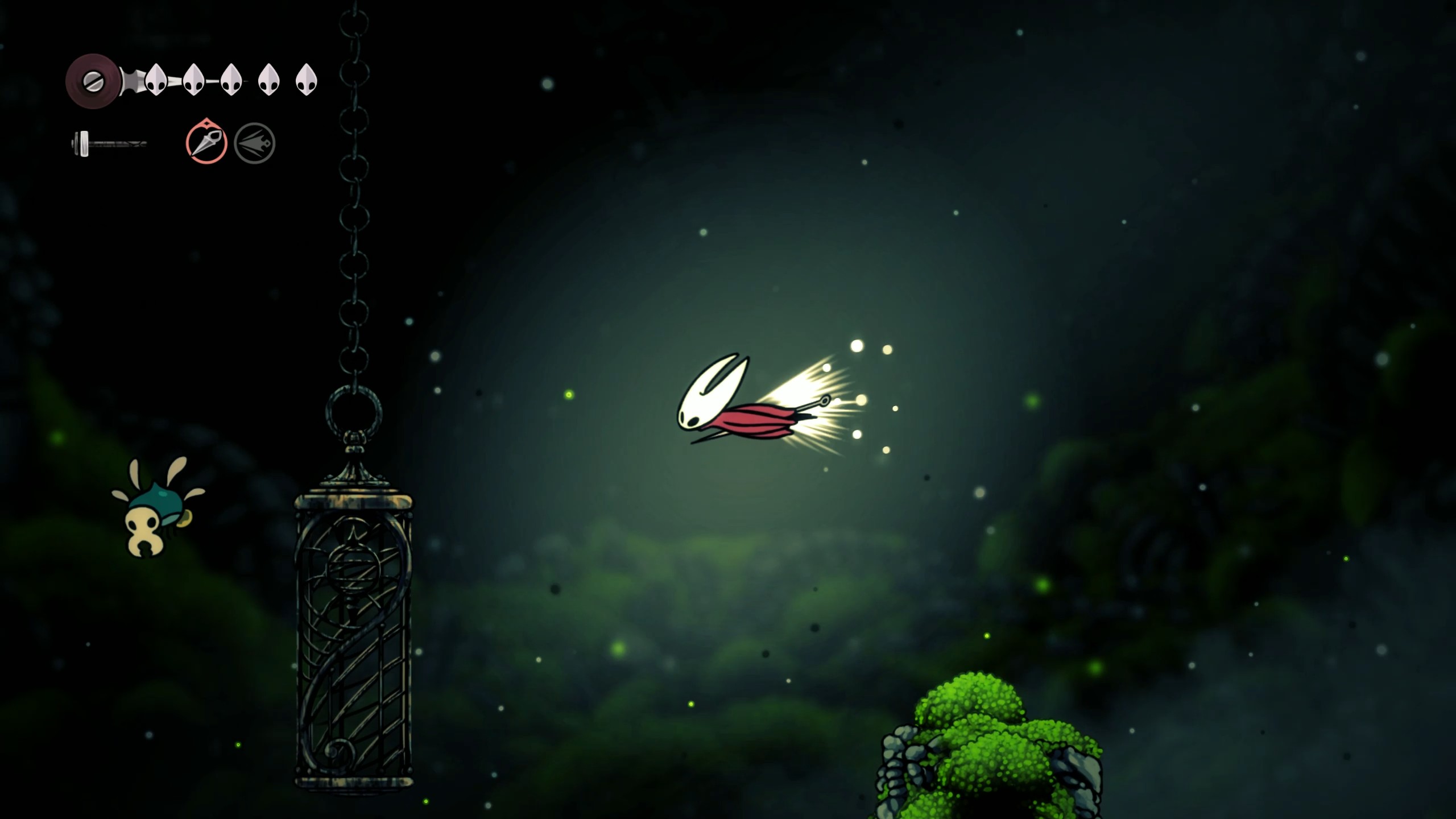 Hornet using Swift Step to dash across a chasm with hanging cages in Mosshome, Hollow Knight: Silksong.