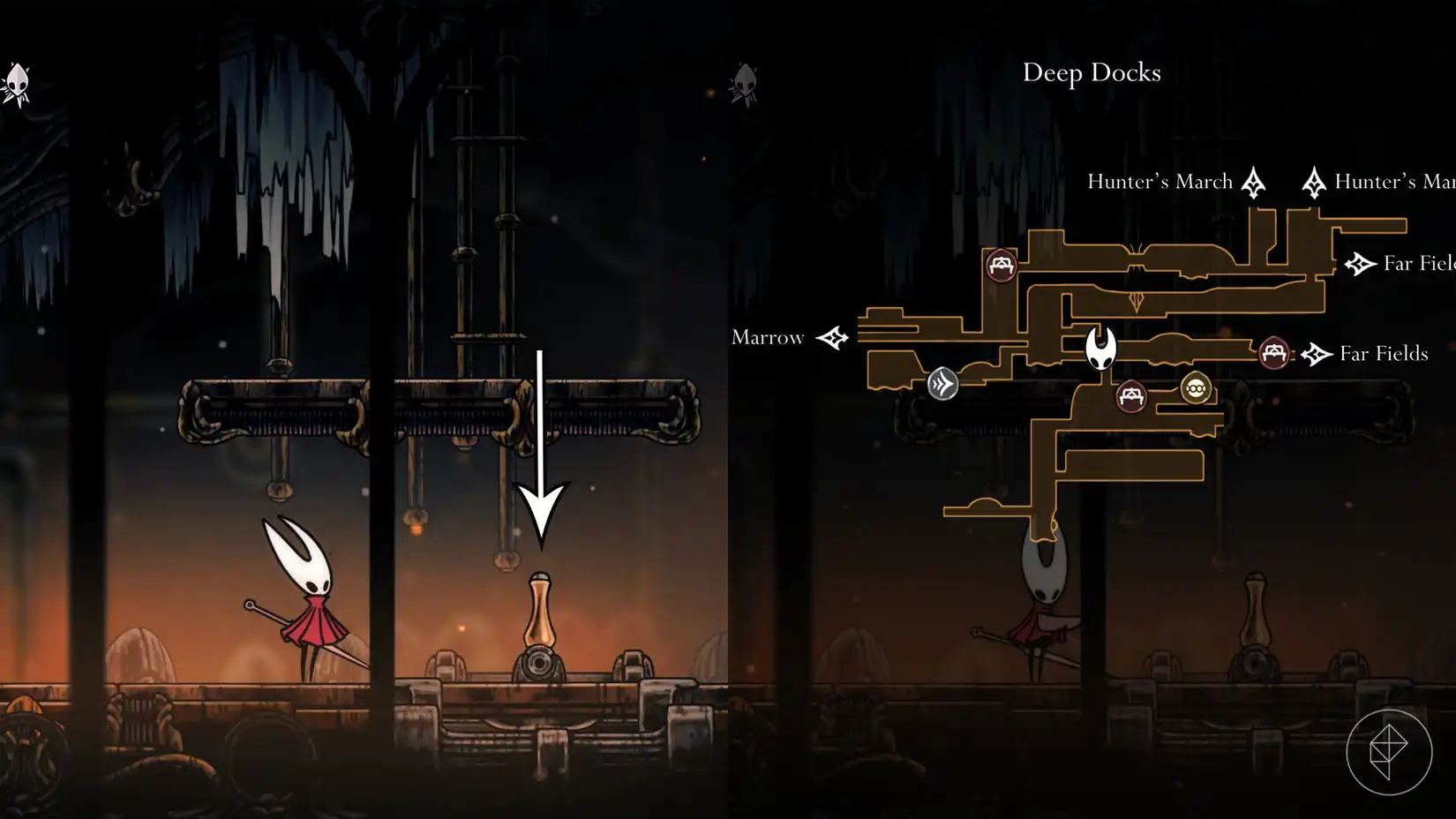 Hornet standing next to a switch that opens the path to the Deep Docks lower area in Hollow Knight: Silksong.