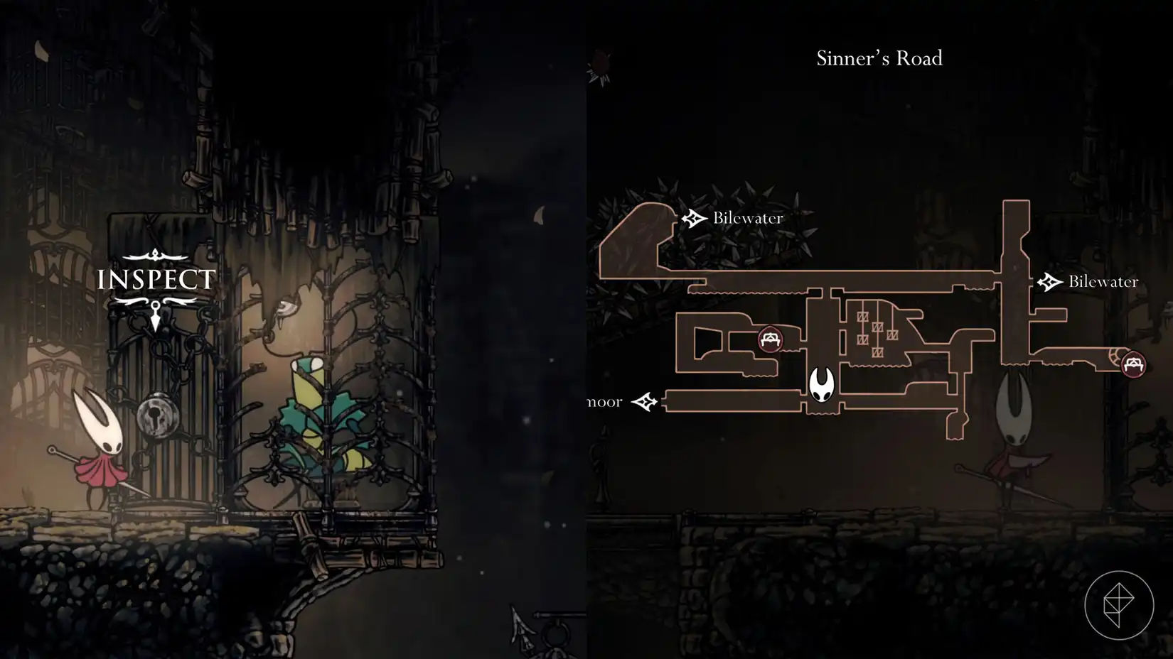 Hornet standing outside the locked cell of the Green Prince in Sinner's Road, Hollow Knight: Silksong.