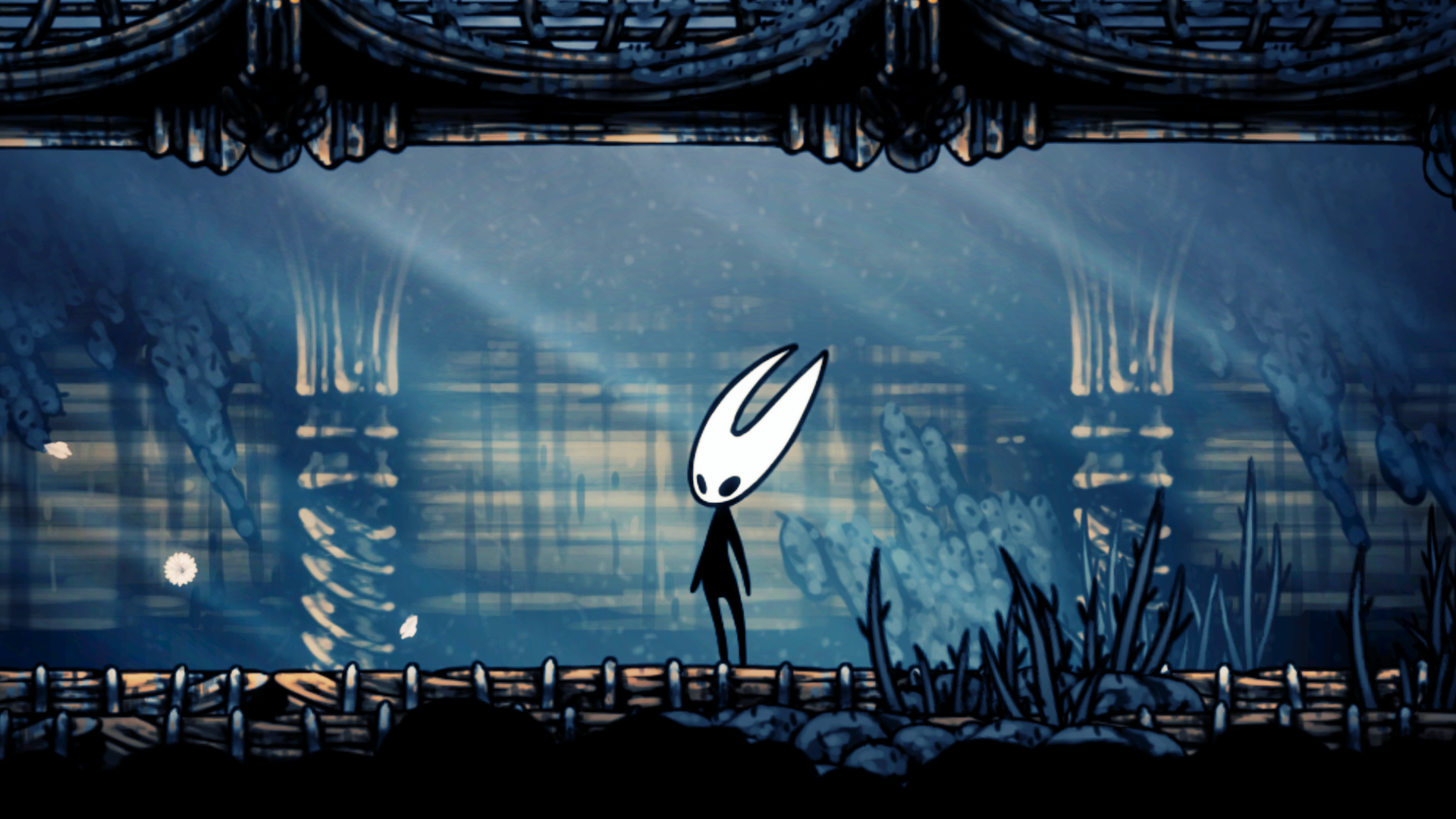 A close-up of main character Hornet in Hollow Knight: Silksong, illuminated by light. A close-up of main character Hornet in Hollow Knight: Silksong, illuminated by light.