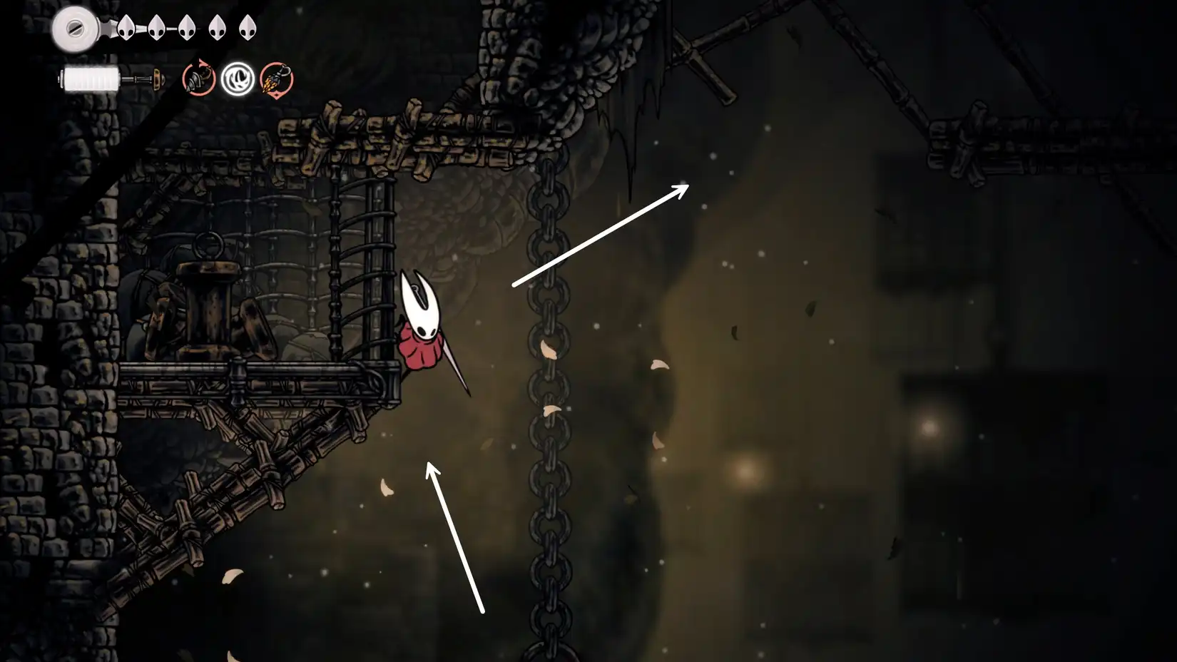 Hornet wall-jumping up elevated cages and platforms in Sinner's Road. Hornet wall-jumping up elevated cages and platforms in Sinner's Road.