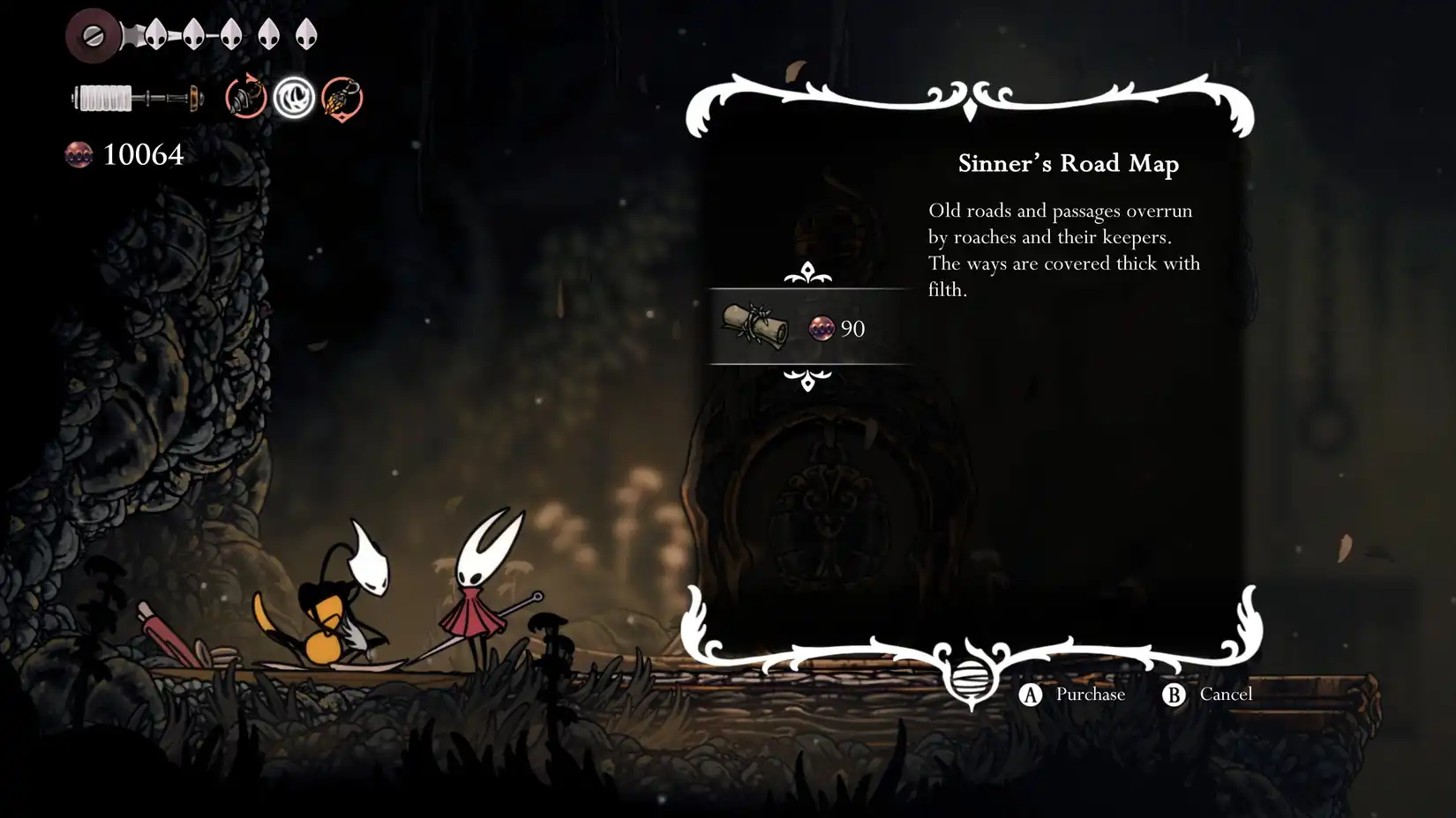 Hornet buying the Sinner's Road map from Shakra near the bench mechanism. Hornet buying the Sinner's Road map from Shakra near the bench mechanism.