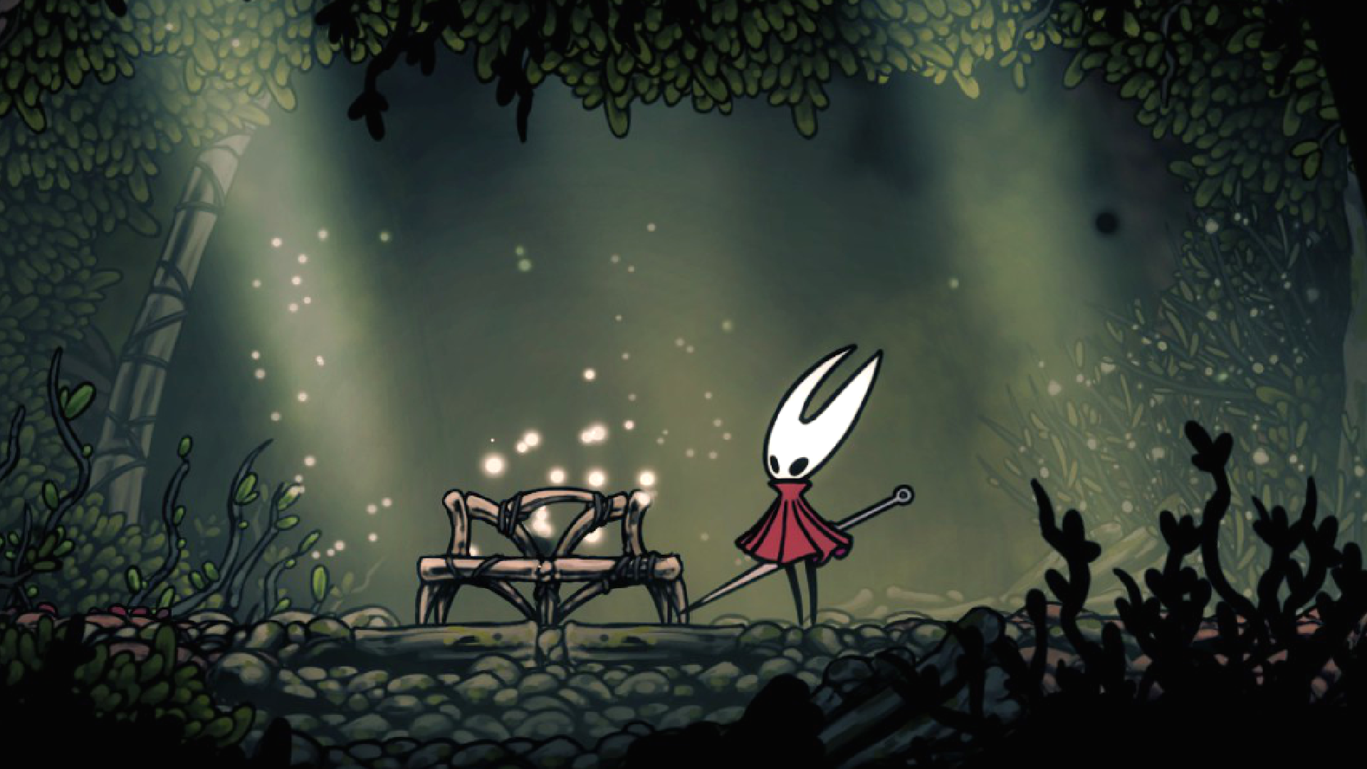 Hornet examining the broken Sinner's Road bench in Hollow Knight: Silksong.