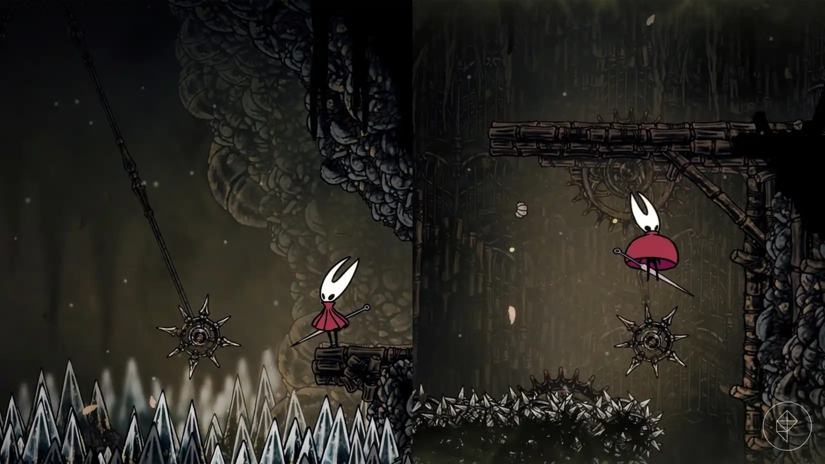 Hornet standing near a swinging spiked ball in the Sinner's Road gauntlet. Hornet standing near a swinging spiked ball in the Sinner's Road gauntlet.