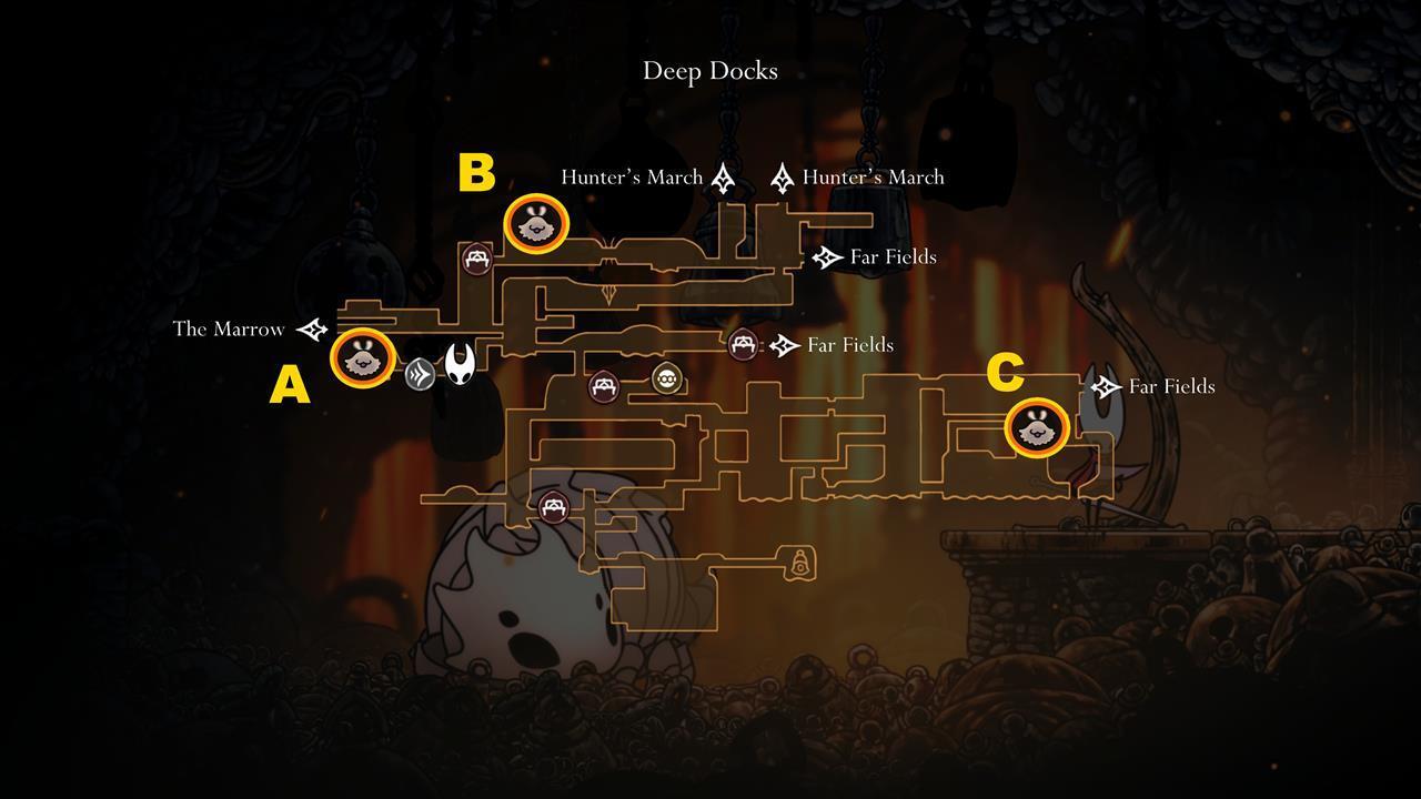 Deep Docks Lost Fleas Map Deep Docks map highlighting the locations of three Lost Fleas in Hollow Knight Silksong