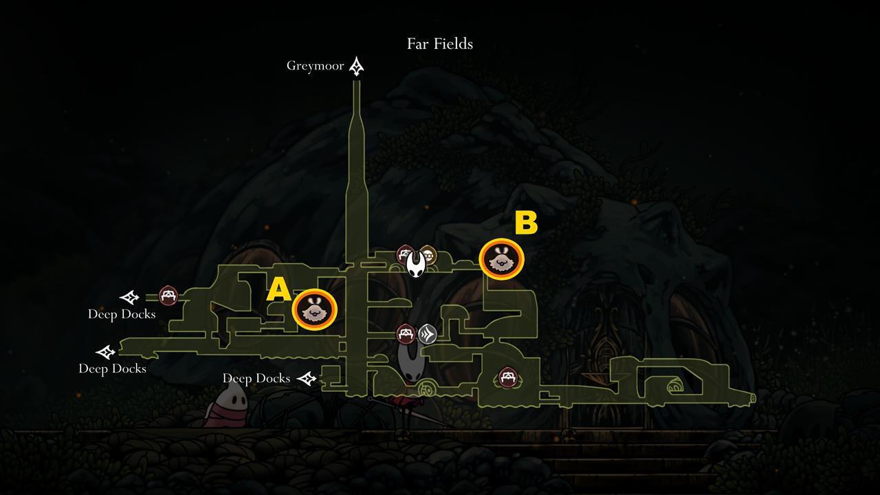 Far Fields Lost Fleas Map Map of Far Fields showing locations of two Lost Fleas in Hollow Knight Silksong