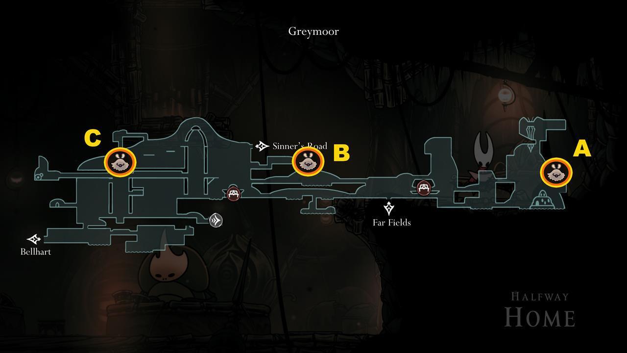 Greymoor Lost Fleas Map Map of Greymoor detailing the locations of three Lost Fleas, including one in Craw Lake and Kratt