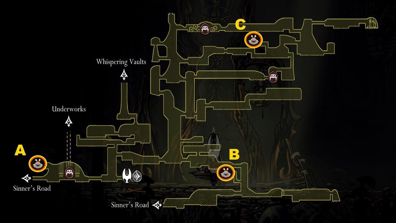 Bilewater Lost Fleas Map Map of Bilewater showing the locations of three Lost Fleas, including one near the Exhaust Organ