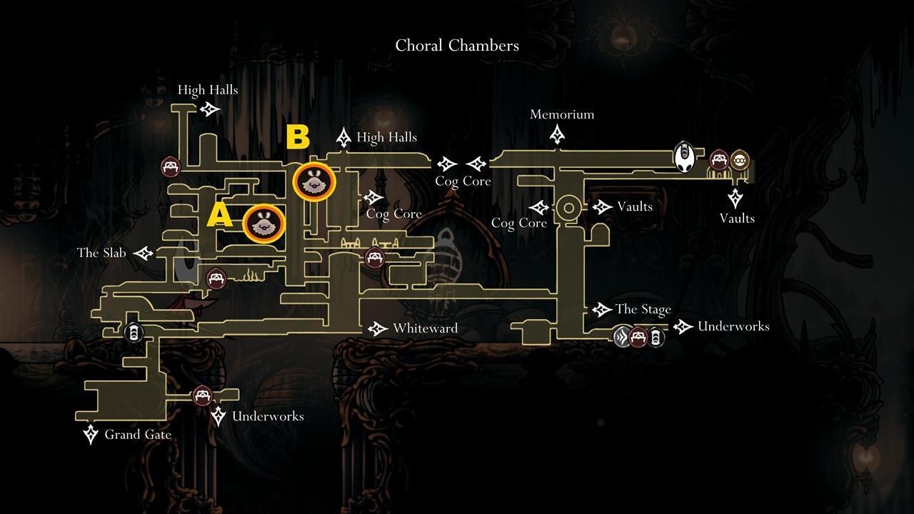 Choral Chambers Lost Fleas Map Map of Choral Chambers detailing locations of two Lost Fleas in Hollow Knight Silksong