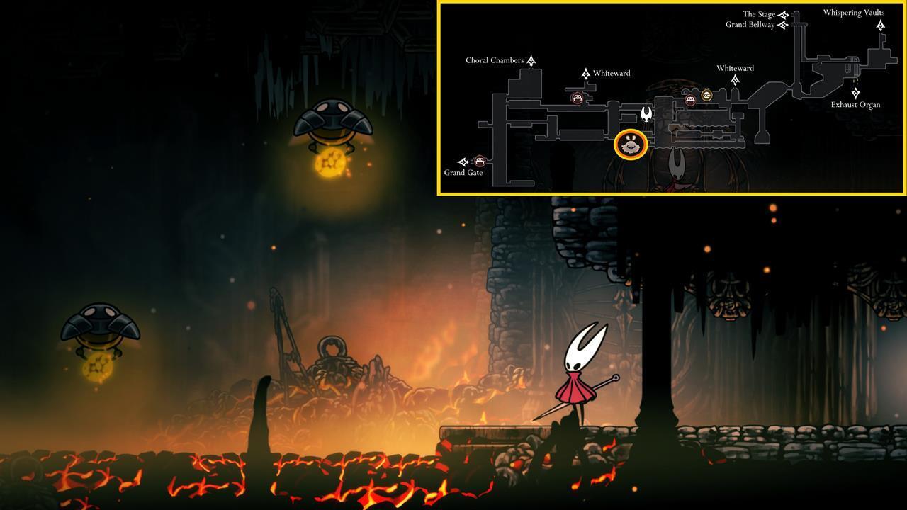 Underworks Lost Flea Location of the Lost Flea in Underworks, Hollow Knight Silksong, found on a platform above lava