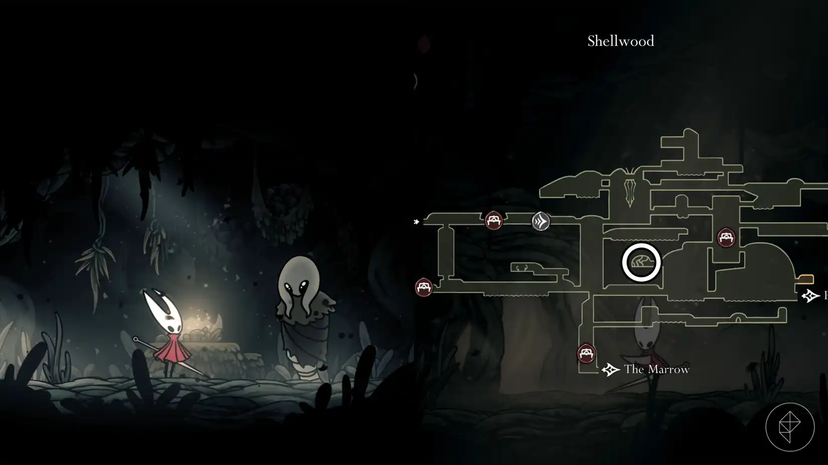 Hornet interacting with Greyroot in Shellwood, important NPC for Twisted Bud quest prerequisites.