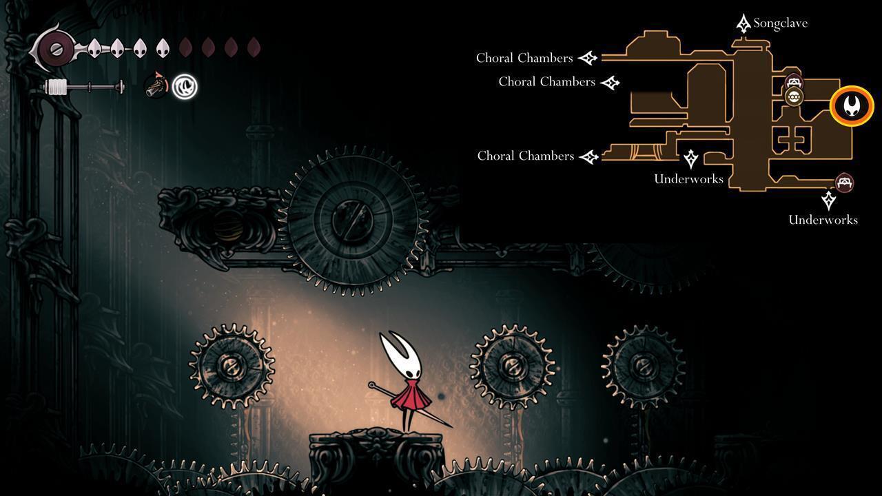 Guide image showing the traversal path in Whispering Vaults to reach the Twisted Bud location in Silksong.