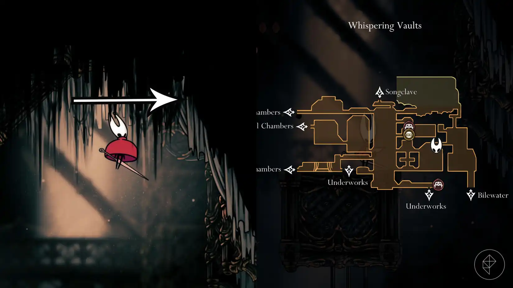 Hornet using abilities to find a hidden passage in Whispering Vaults for the Twisted Bud quest in Silksong.