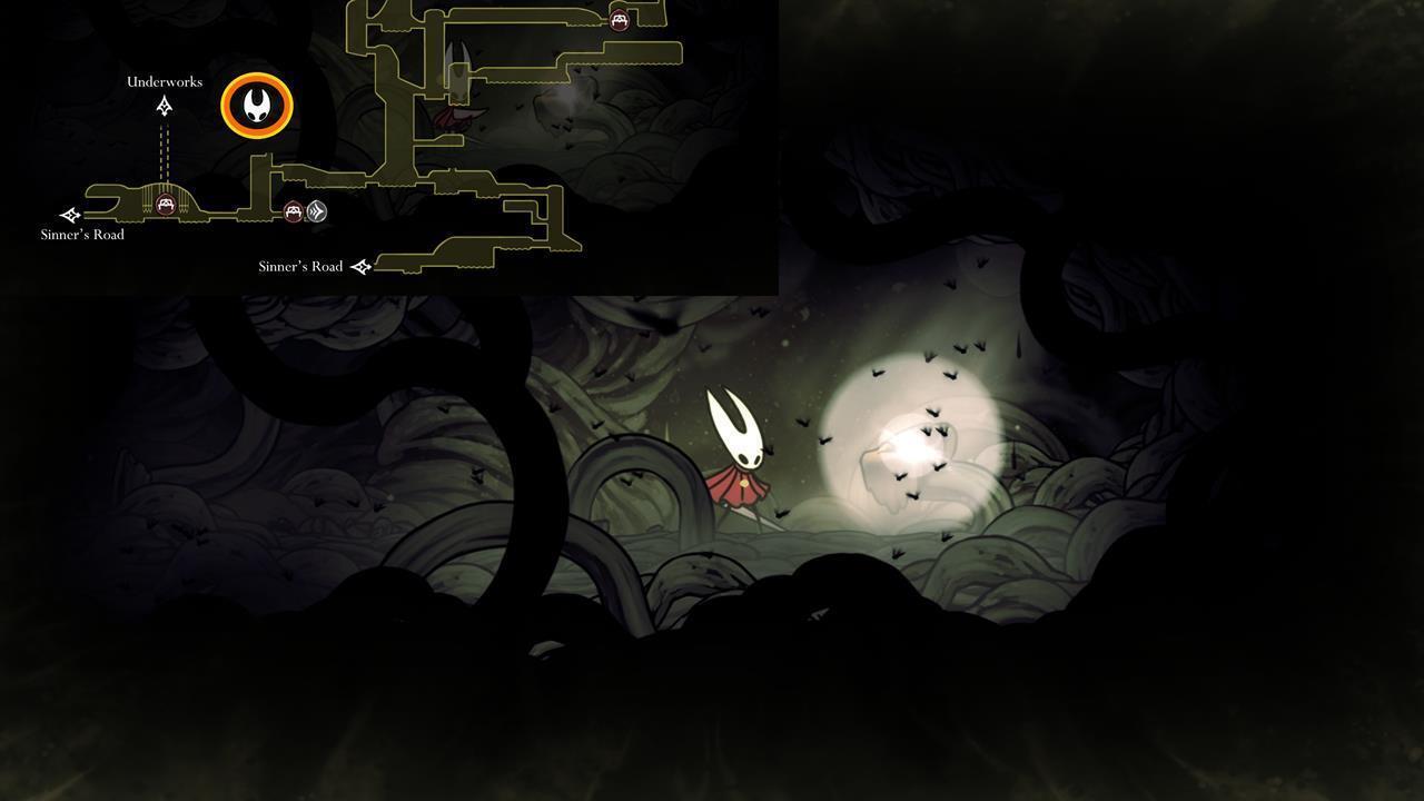 Map and gameplay showing the treacherous Bilewater region leading to the Twisted Bud in Hollow Knight: Silksong.