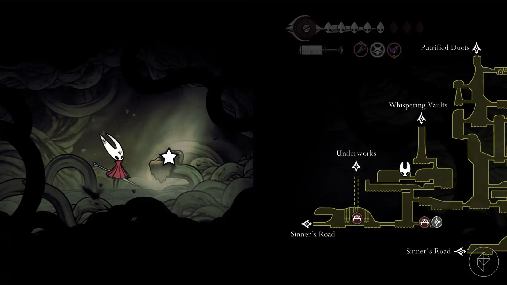 Hornet next to the glowing Twisted Bud, with its exact location marked on the Bilewater map in Silksong.