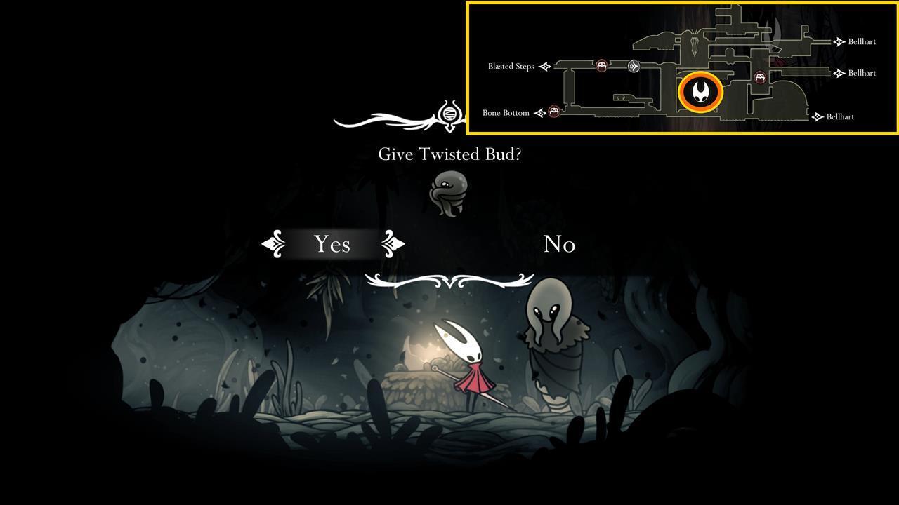 Hornet handing over the Twisted Bud to Greyroot in Shellwood, initiating the Rite of Rebirth and curse.