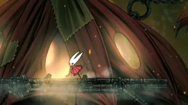 Hornet entering the Seamstress's home, a large balloon-like structure in a lava-filled room in Far Fields.