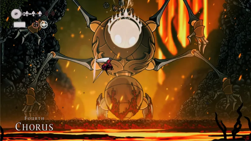 Hornet battling the formidable Fourth Chorus boss, a full-screen encounter in the Far Fields.