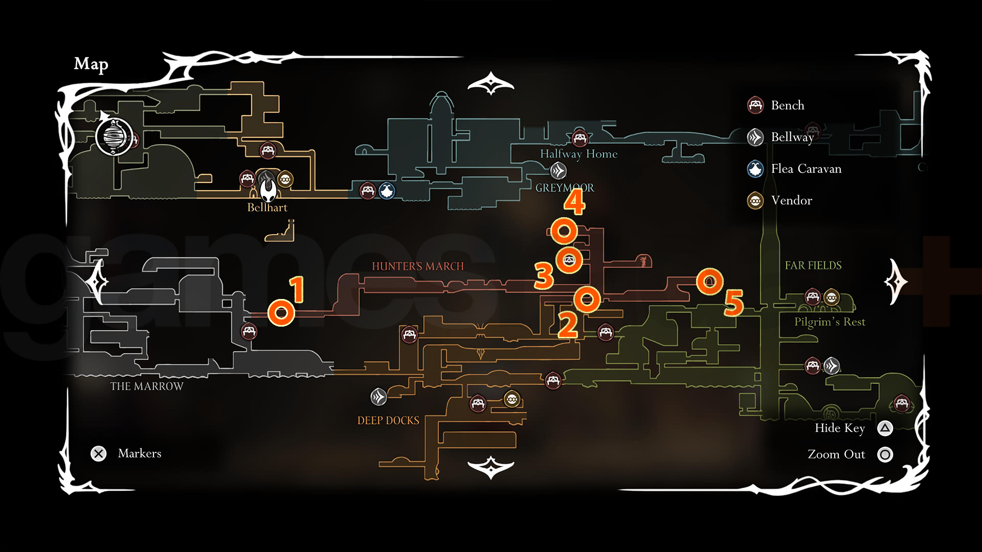 Comprehensive map of Hunter's March with key locations marked.