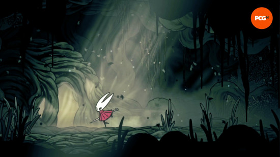 Hornet arriving at Greyroot's hut in Shellwood to start the Pollip quest in Hollow Knight: Silksong