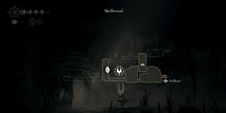 Greyroot's Hut Map Map showing Greyroot's hut location in lower-central Shellwood in Hollow Knight: Silksong
