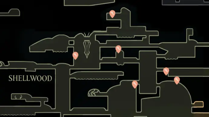 Comprehensive map marking all six Pollip Heart locations in the Shellwood region of Hollow Knight: Silksong