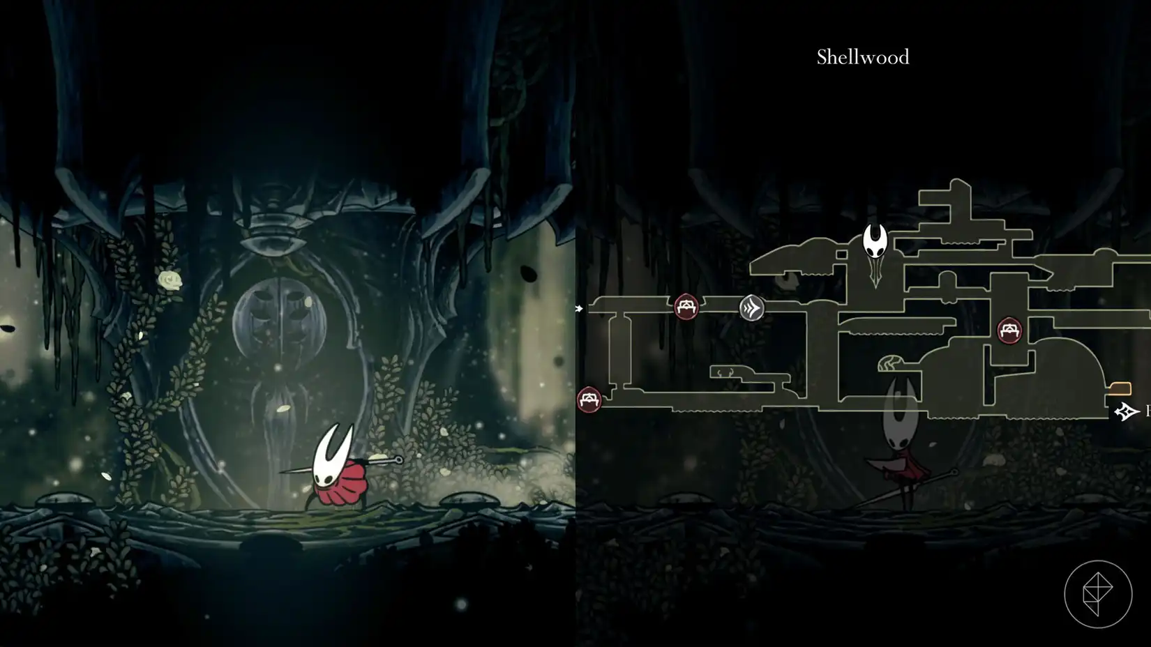 Map indicating the shrine location to acquire the Cling Grip ability in Shellwood in Hollow Knight: Silksong