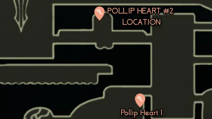 Pollip Heart #2 Map Map showing the location for Pollip Heart #2 in Shellwood's hidden alcove in Hollow Knight: Silksong
