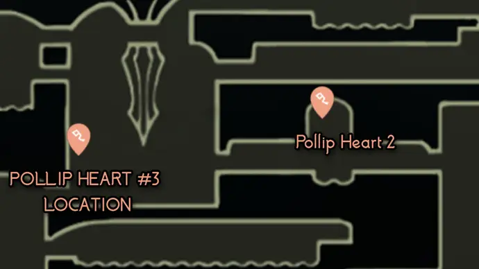 Pollip Heart #3 Map Map showing the location for Pollip Heart #3 in Shellwood near the Sister Splinter arena in Hollow Knight: Silksong